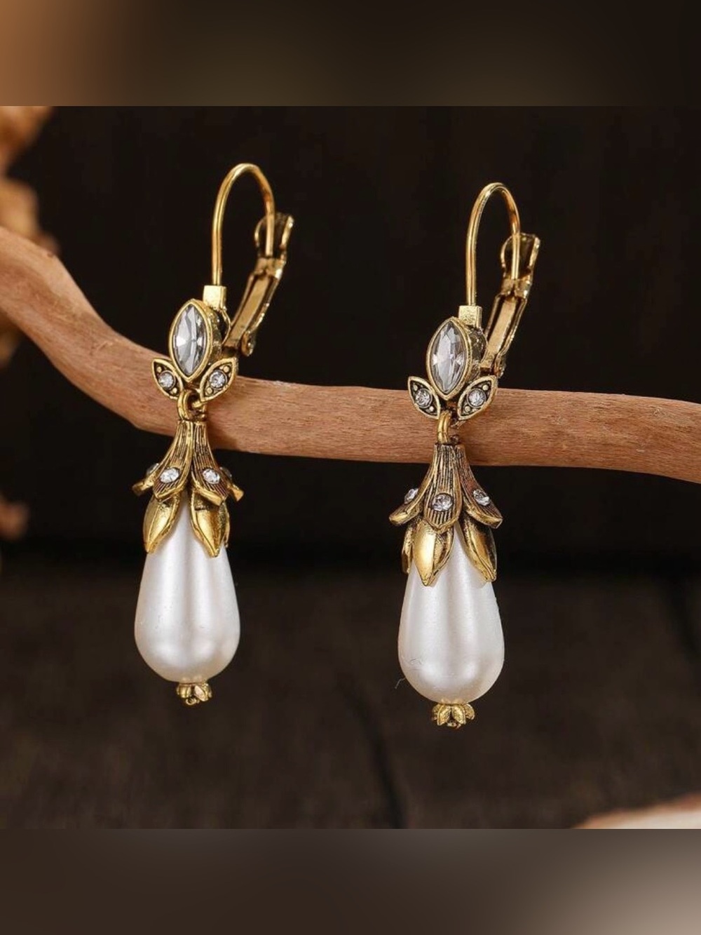 Vintage Water Droplet Faux Pearl & Gold Lily Drop Earrings | Romantic Victorian